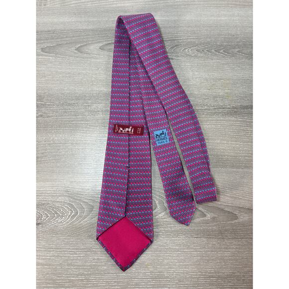 Hermes Paris Silk Tie 7157 FA- Pink Blue Link Geometric Pattern (Circa 2015) EUC - Picture 3 of 6